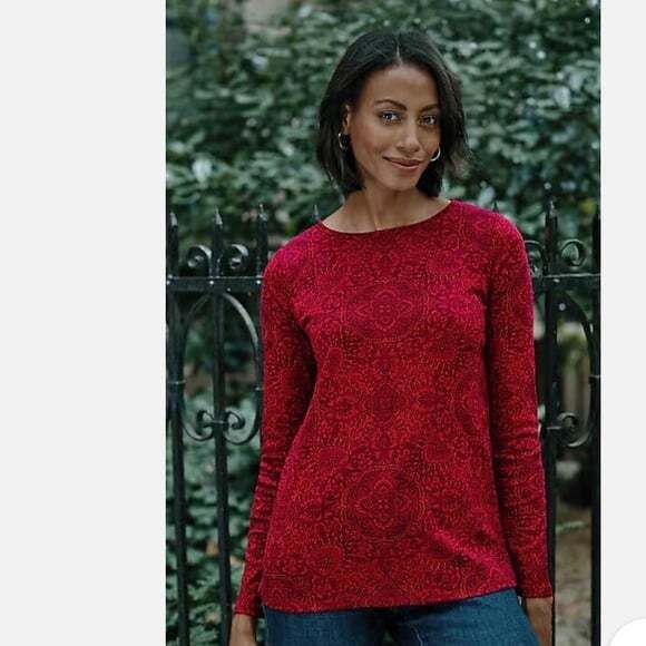 J. Jill Red Printed Long Sleeve Pima Crew Neck Tee - Picture 4 of 7